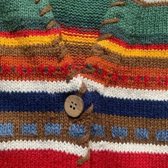 Vintage 90s Printed Knit Sweater Stripe Vest Yellow Brown Vneck Button Front - Picture 9 of 11